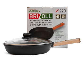 Сковорода чугунная Brizoll "Optima" стеклянная крышка, съемная ручка D22см, 40,7х23х10,1см О2240-Р-C
