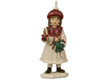 Ёлочная игрушка Девочка с куклой, 5х12,5см, цвет - кремово - красный с зеленым