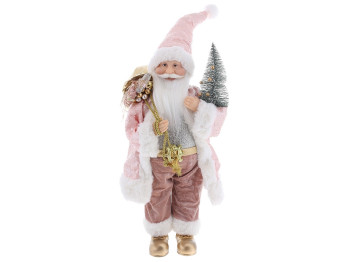 Новогодняя фигура Санта с подарками и елкой, цвет - розовый с золотом с пайетками, 45см