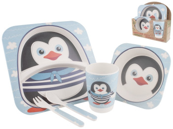 Набор детской бамбуковой посуды 5 предметов Stenson Пингвин (2 тарелки, вилка, ложка, стакан)