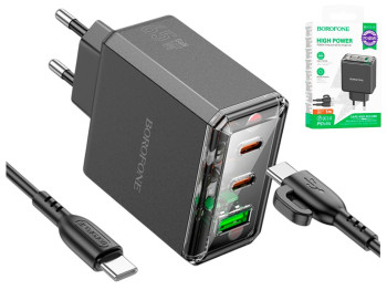 Сетевое зарядное устройство Borofone BAS34A, 2 Type-C, 1 USB, 65W, QC3.0, кабель Type-C, цвет черный