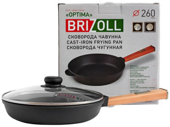 Сковорода чугунная со стеклянной крышкой Brizoll с ручкой Optima, O2640-P-C, 26х4,95см