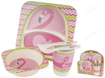 Набор детской бамбуковой посуды 5 предметов Stenson Фламинго (2 тарелки, вилка, ложка, стакан)
