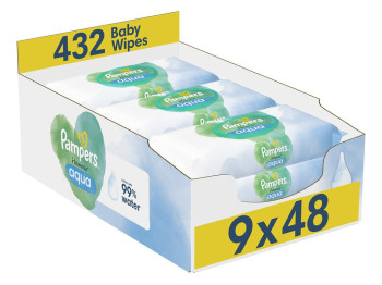 Салфетки влажные детские Pampers Harmonie Aqua, на 99% из воды, без спирта, хлопок, 9 x 48шт