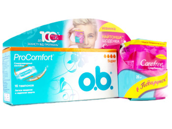 Тампоны O.b. "Pro Comfort Super" 4капли 16шт + Подарок прокл. Carefree ежедн.  2кап Cotton feel 20шт