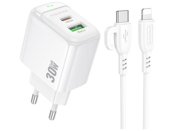 Зарядний пристрій Borofone BAS45A, 1USB-C/1USB, PD/QC 30W, Type-C to Lightning, білий