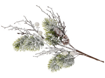 Декоративна засніжена гілка хвої з білими ягодами та шишками, 50см