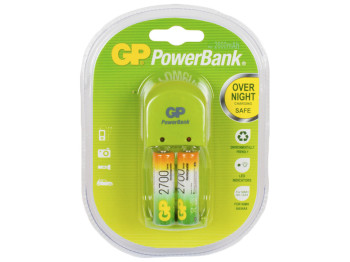 Зарядний пристрій GP PowerBank для 2х акумуляторів AA/AAA, в комплекті 2 акумулятора AA 2700mAh