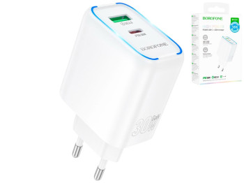 Зарядний пристрій Borofone BA89A, 1USB-C/1USB, PD/QC 30W, 85×125×40мм, колір білий