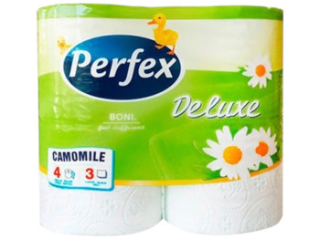 Папір туалетний Perfex Deluxe Ромашка, 3 шари, 4 рулони, 150 листів, колір білий