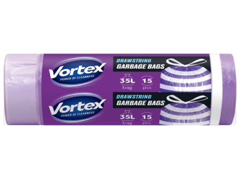 Пакети для сміття Vortex з затяжкою, фіолетово-білі, HDРЕ 50х60см, 35л, 15шт