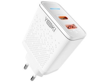 Сетевое зарядное устройство Yoki Led Series, USB-A + Type-C, 33W, Белый