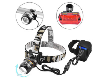 Велосипедный фонарь + на лоб Police B06B-T6, STOP-5LED, ЗУ 220В, 4х18650, 2хAAА, zoom, коробка