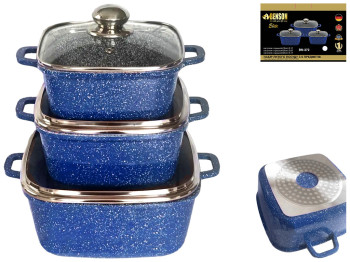 Набор квадратных кастрюль с крышками Benson мраморное покрытие, 2,1л, 3л, 5,1л (6 предметов)