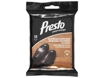 Салфетки влажные Presto Clean, для чистки обуви и изделий из кожи, с воском карнауба, 15шт