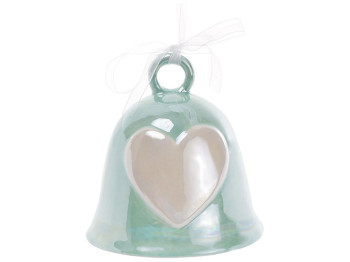 Подвесной декор колокольчик с обьемным декором Сердце, 9см, цвет - мятный перламутр (присутствует кр