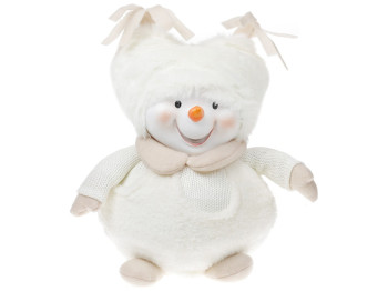 Мягкая новогодняя игрушка Снеговик в мохнатой шапке, 28см, цвет - белый с бежевым