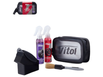 Набор для ухода за дисками и резиной Vitol, очиститель дисков, чернитель шин, аппликатор, кисточка