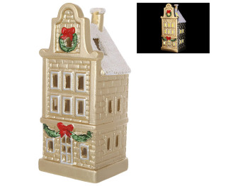 Керамический Дом с LED подсветкой и белой присыпкой, 9,3x8,3x22см, цвет - золото матовое