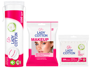 Набор для ухода и гигиены Lady Cotton, ватные палочки, влажные салфетки, ватные диски в коробке