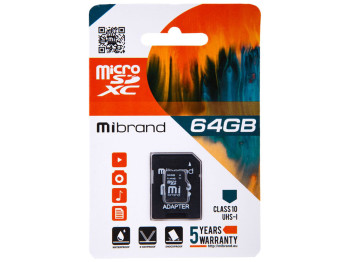 Карта Пам'яті Mibrand MicroSDXC 64gb UHS-1 10 Class & Adapter Чорний