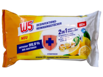 Салфетки влажные для уборки W5, 2в1 дезинфекция и очищение, аромат цитрус, 80 шт