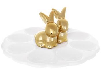Подставка для яиц на 8шт, белая с парой золотых кроликов, 20х8см