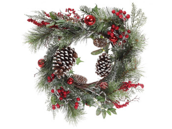 Новорічний вінок із декором із ягід, шишок і бубонців, 50см