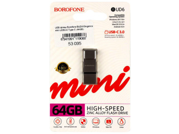 USB флеш-накопичувач Borofone BUD6 64GB Elegance mini USB3.0+Type-C, колір чорний