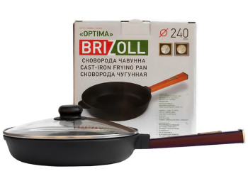 Сковорода чугунная со стеклянной крышкой Brizoll, 24х4,65см, с ручкой Optima-Bordo, O2440-P2-C
