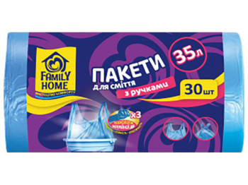 Пакети для сміття Family Home, 50x65см, блакитні, 35л, 30шт, з ручками