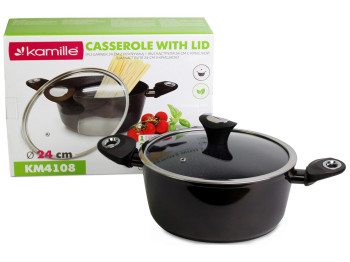Каструля зі скляною кришкою Kamille алюмінієва з антипригарним покриттям Black marble D24см 4л