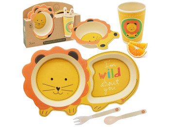Посуда детская бамбук. Stenson Львенок 5 пр. (2 тарелки, вилка, ложка, стакан)