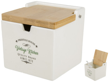 Банка Stenson "Kitchen" фарфоровая с ложкой и бамбуковой крышкой 10,4х10,4х9,8см 450мл