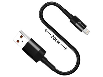 Кабель Grand-X для Power Bank USB-Lightning FM-20L 20см, CU, Black, защита ткан.оплетка, в коробке