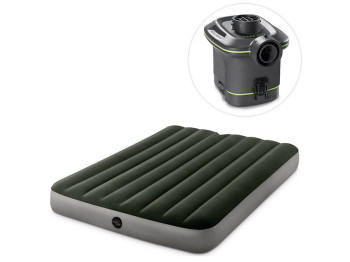 Надувной матрас Intex 64778, ПВХ с велюровым покрытием, встроенный насос, 191×137×25см, цвет зеленый