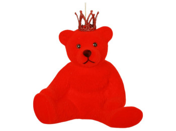 Украшение елочное Мишка с короной с флоковым напылением, пластик, 20×15,3×20см, цвет красный