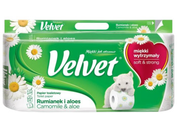 Бумага туалетная Velvet, с ромашкой и алоэ, 3 слоя, 150 листков, 8 рулонов, цвет белый