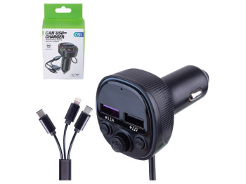 Модулятор FM 5в1 CS1 12-24v 2USB 5V-3.1A Type C 5V-3.1A, 3в1 кабель для зарядки BT5.0 RGB-подсветка