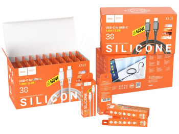 Кабель USB Hoco X101 Assistant Silicone Type-C to Type-C 60W 30шт, Цвет Серый