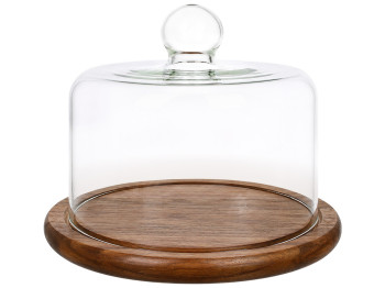 Підставка для торта та тістечок з кришкою, акація, скло, 21×16 см