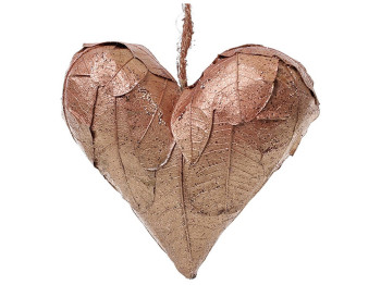 Новогодний подвесной декор Сердце из натуральных листиков бронза с блестками, 13х13х7см