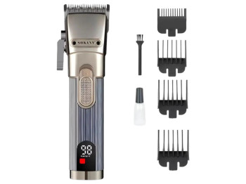 Машинка для стрижки Sokany, аккумуляторная, 2000 мАч, длина среза 5–15мм, 4 насадки, цвет серый