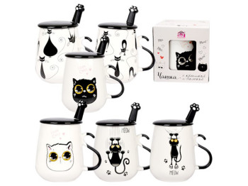 Чашка с крышкой и ложкой Кошки 440мл