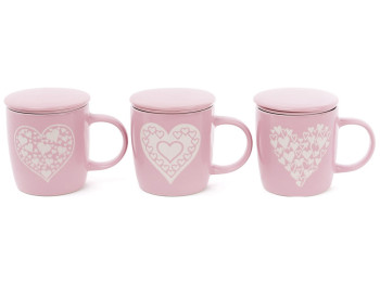 Чашка Серця, з фільтром та кришкою, 3 дизайни, колір - рожевий, 370мл