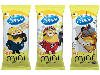 Вологі серветки Smile Mini Міньйони, з ароматом банана, 8 шт, 3 види (ціна за 1шт)