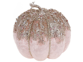 Новогодний декор Тыква с бархатным покрытием и декором из страз, цвет - нежный розовый, 21см