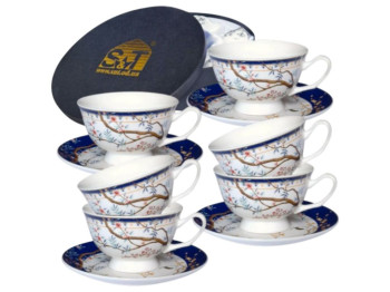 Сервіз чайний S&T Shepard, 12 предметів, 200 мл, 15 см, колір синій з малюнком гілок та птахів
