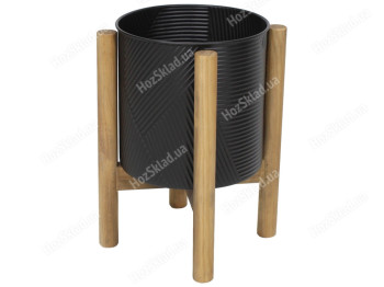 Металлическое кашпо на деревянной подставке, 42см, цвет – черный