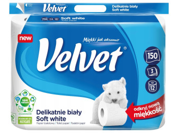 Бумага туалетная Velvet Delikatnie Biały, 3 слоя, 150 листков, 12 рулонов, цвет белый